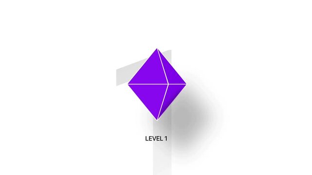 3D purple geometric octahedron crystal shapes level 1 level 2 level 3 indicator on white background minimalist infographic animation