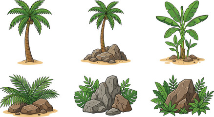 Tropical plant and rock illustration with palm trees, banana leaves, ferns, lush greenery, and decorative landscape vector elements © Creative Stoker