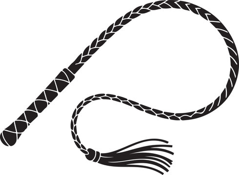 Black whip with braided handle and tassel isolated on transparent background. Black icon silhouette vector