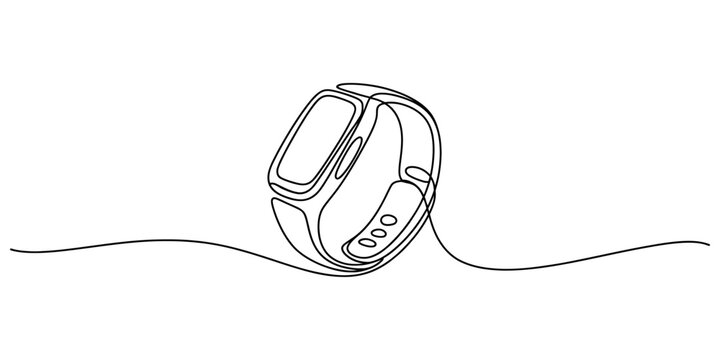 Minimalist continuous line drawing of a modern smartwatch on a white background, technology concept, Continuous one line drawing of smartwatch. One line drawing illustration of fitness bracelet smart.
