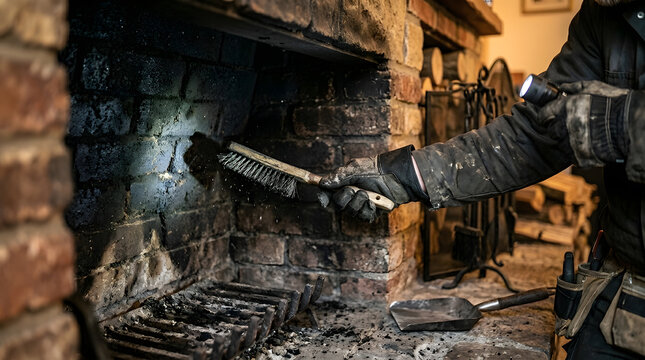 Professional Chimney Sweep Cleaning Brick Fireplace | Handyman Scrubbing Soot with Wire Brush and Flashlight | Home Maintenance and Safety Inspection | Wood Burning Stove Hearth Care Service Provider