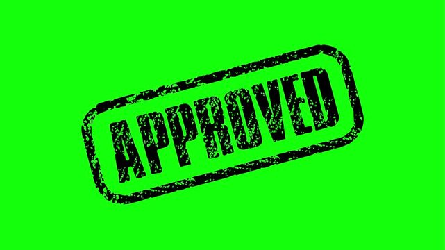 Completed and approved stamp animation with falling confetti on a green screen background