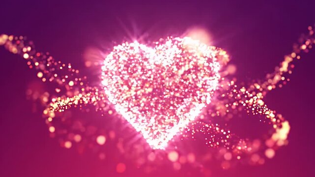 Sparkling Heart Particle Animation - A vibrant, abstract heart shape formed from glowing, colorful particles on a dark purple gradient background.