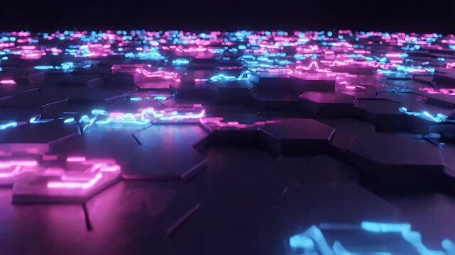 Abstract Hexagonal Grid with Neon Lights - A dark, three-dimensional hexagonal grid surface is illuminated by vibrant neon lights in shades of pink and blue.