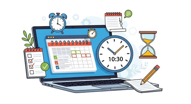 Clock alarm with coffee cup and alarm clock on desk.