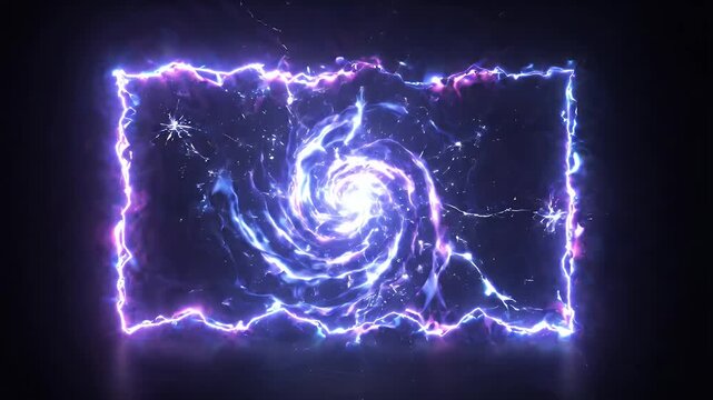 Abstract Neon Jagged Rectangle Frame Glowing Energy Effect - A swirling vortex of bright blue and white light is encased within a jagged, neon-like rectangular frame.