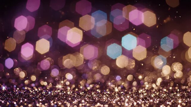 Shimmering Hexagonal Bokeh Lights with Sparkles - An abstract background features numerous soft, hexagonal bokeh lights in shades of purple, pink, and blue, interspersed with sparkling particles.