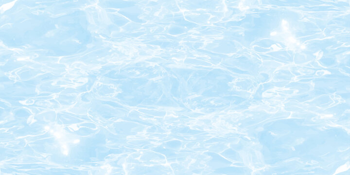 Light blue water ripple background with sunny caustic reflections overhead. Clear swimming pool ocean texture surface.