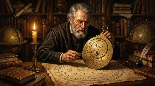 A wise old astronomer intently studying an astrolabe with star charts and books in a dimly lit library