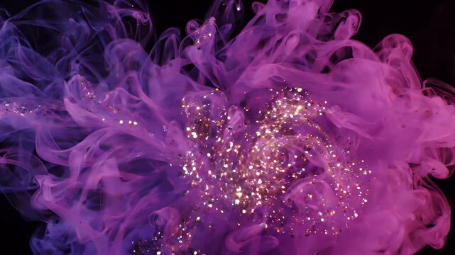 Swirling Purple Smoke and Glitter Particles Abstract Background - Ethereal clouds of purple smoke swirl dynamically on a black background, interspersed with shimmering golden glitter particles.