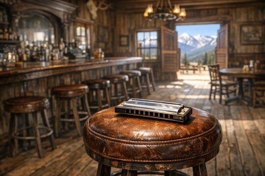 A harmonica sitting on top of a wooden stool, waiting to be played