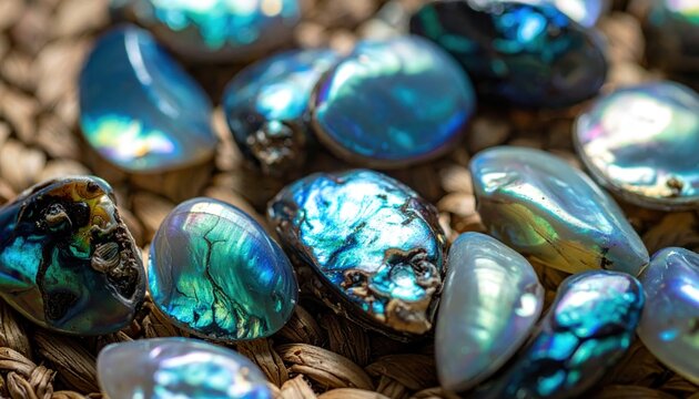 Close up of polished abalone shell fragments displaying iridescent blues and greens