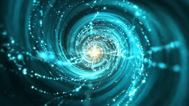 Abstract Teal Swirl Dynamic Light Motion Background - A bright light source emanates a dynamic swirl of teal light and sparkling particles, creating an abstract, energetic motion background.