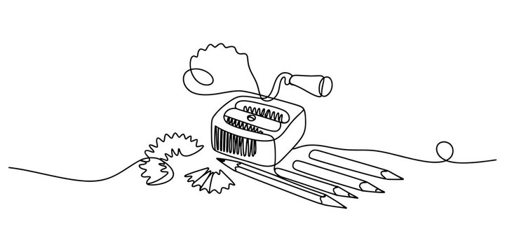 "Beauty Routine Items". Minimalistic one-line drawing eyeliner pencil and sharpener arranged neatly with subtle motion line, continuous single black line on
