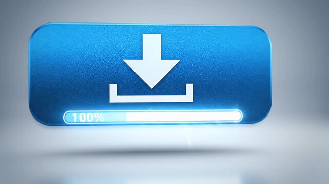 Animated Blue Download Button with Progress Bar - A digital download button with a prominent white arrow pointing down into a box, accompanied by a glowing progress bar indicating an ongoing download.