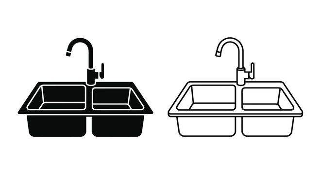 Double basin kitchen sink with faucet black and white line illustration