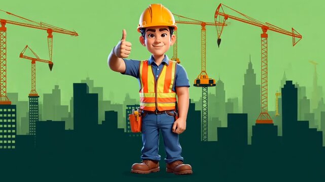 construction worker character giving thumbs up with city skyline and cranes on green background