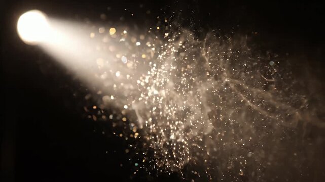 Atmospheric Dust Motes in Spotlight Beam - A dramatic spotlight illuminates a cloud of atmospheric dust motes and particles against a dark background.