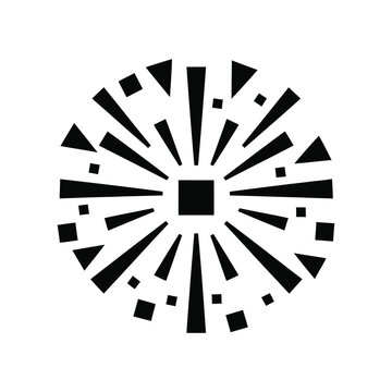 Black and white of an exploding firework burst with radiating lines and scattered square particles, isolated on a white background, festive celebration for events and holidays