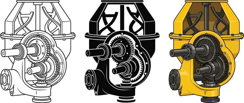 Technical vector illustration of a concrete mixer gearbox and agitator mechanism featuring detailed line art solid silhouette and colored views for engineering and construction