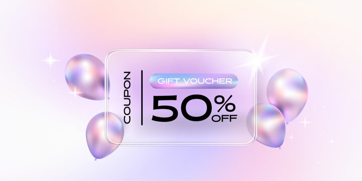 Transparency glass coupon label with balloon and holographic gradient background. Discount offer tag with shiny, glossy, reflective surface.