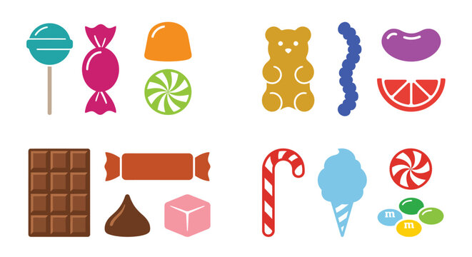 Assorted Candies And Sweets Flat Vector Illustration On White Background