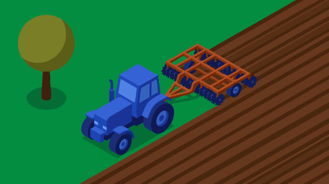 Isometric farm scene with blue tractor and disc harrow tilling field