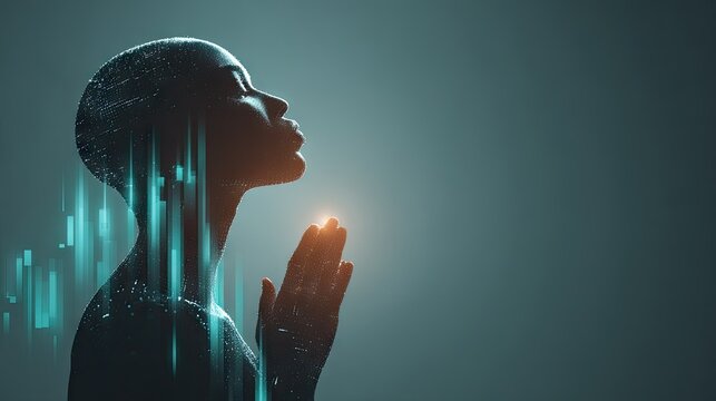 Digital silhouette of woman praying with glowing data lines.