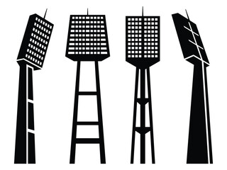 Stadium floodlight tower silhouette vector illustration with football arena spotlight icon set collection sports lighting design element asset © RAKIB