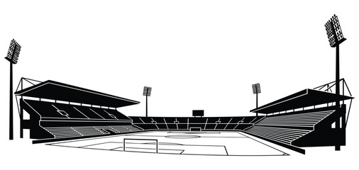 Stadium interior with covered stands floodlights scoreboard and soccer goal vector illustration © RAKIB