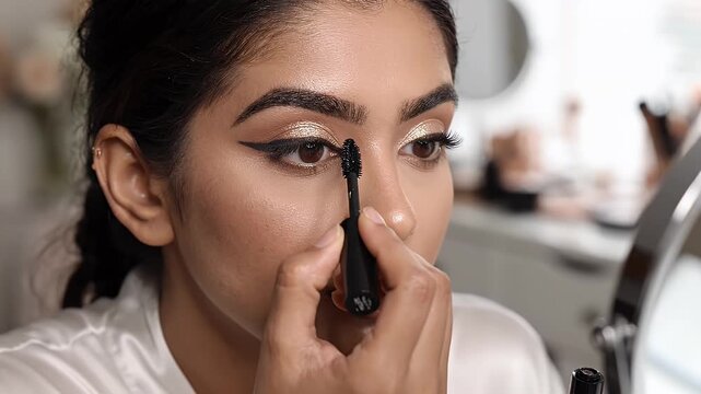 Woman Applying Black Mascara Close Up - A woman applies black mascara to her eyelashes from an overhead shot. She has golden eyeshadow and winged eyeliner already applied.