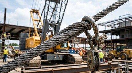 Naklejka premium Heavy duty steel cable and pulley system on a construction site with crane and machinery