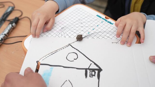 A physics demonstration device mapping space time curvature with a small heavy ball during a classroom science lesson showing modern educational technology tools