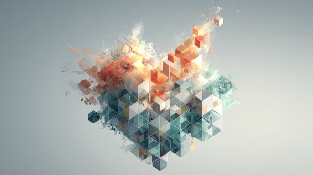 Exploding cluster of geometric 3D cubes with glowing light.