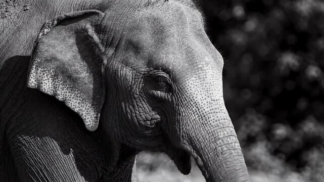 Grayscale Close-up Elephant Face with Textured Skin and Wrinkles - This grayscale close-up showcases the intricate details of an elephant's face, highlighting its wrinkled skin and textured surface.