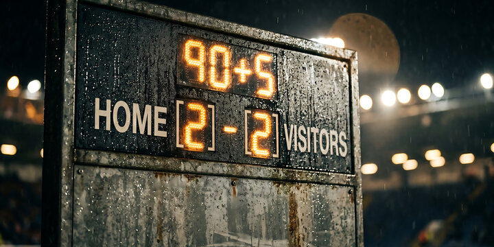 Vintage digital stadium scoreboard showing tied score two to two during overtime injury minutes in rainy night weather conditions at professional sports stadium.