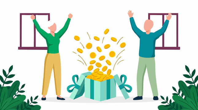 Financial Success Celebration: Happy People Excited by Money from Gift Box