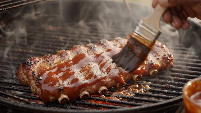 Close-Up View of Pork Ribs Being Brushed with BBQ Sauce on Grill - A close-up shot shows a brush generously coating delicious pork ribs with a rich BBQ sauce while they grill over hot coals.