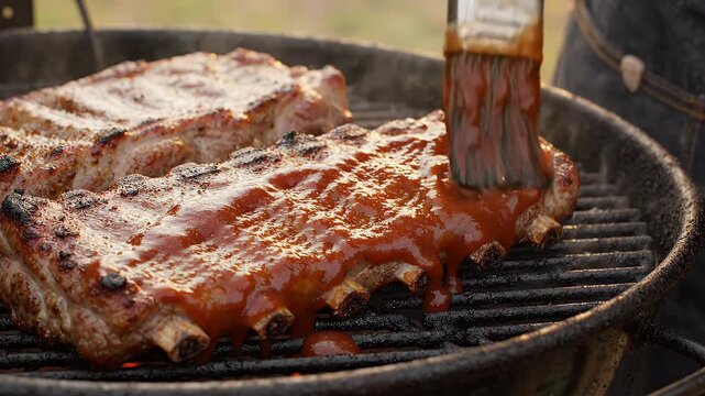 Close-Up Of Pork Ribs Being Brushed With BBQ Sauce On Grill - A close-up shot shows a brush generously coating juicy grilled pork ribs with savory BBQ sauce.