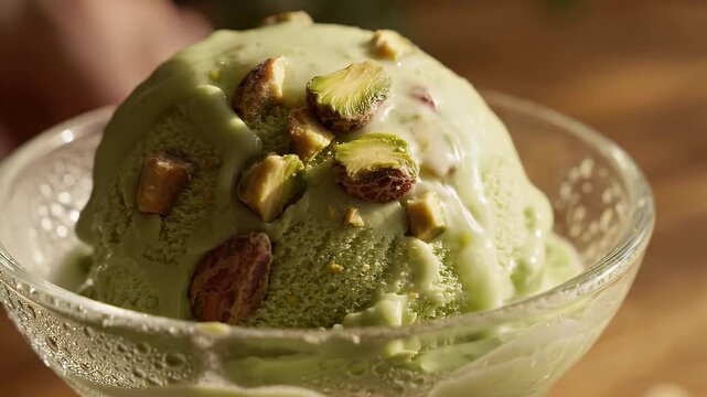 Pistachio Ice Cream Scoop with Nut Pieces - A close-up shot of a delicious pistachio ice cream scoop in a glass bowl.
