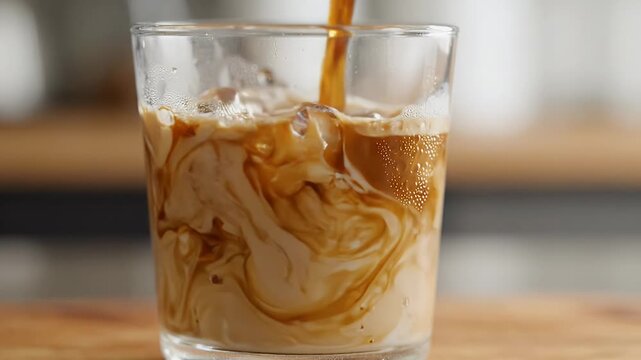 Coffee Pouring Into Cold Milk In Glass - Dark coffee is being poured into a clear glass filled with ice and cold milk, creating beautiful swirling patterns as it mixes.