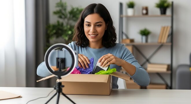 Woman recording unboxing video at home.