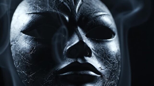 Mysterious Dark Mask with Wisps of Smoke - A close-up, dramatic shot of a dark, textured mask shrouded in ethereal wisps of smoke.