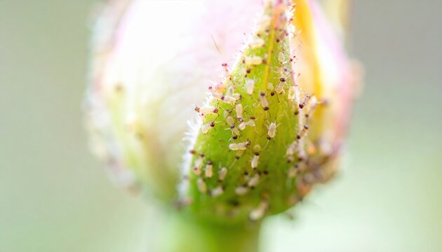 Tiny Thrips Swarming a Delicate Flower Bud, Microscopic Pest Infestation Visible Up Close