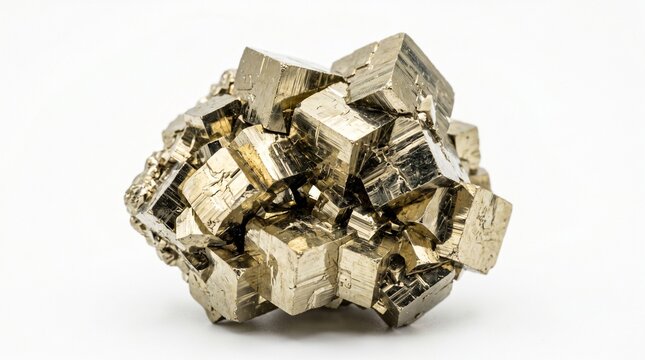 Natural Pyrite Crystal Cluster Isolated on White Background - Fool's Gold Mineral Specimen with Cubic Metallic Formations