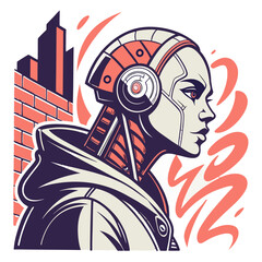 Futuristic cyborg woman profile portrait with urban city background illustration futuristic technology artificial intelligence humanoid portrait © Ar