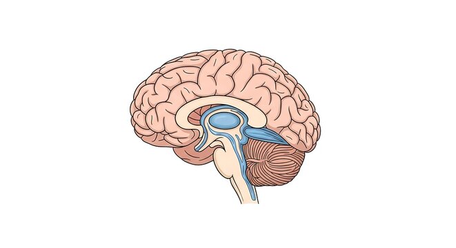 Human brain anatomy with highlighted neural pathways and regions.