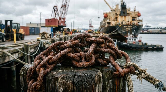 Thick Rusty Ship Anchor Chain on Wooden Post at Busy Industrial Port with Cranes and Ships