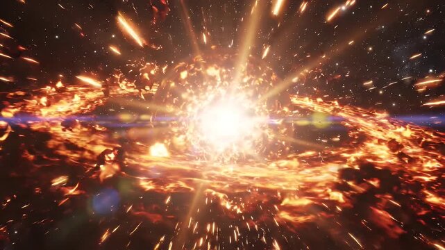 Fiery Celestial Body Exploding with Glowing Core and Light Rays - A bright, glowing core emanates intense light rays outwards, illuminating a chaotic expanse of fiery plasma and debris.