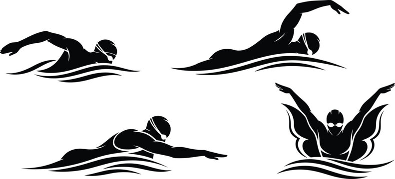 Silhouette of swimmers in various strokes swimming silhouette